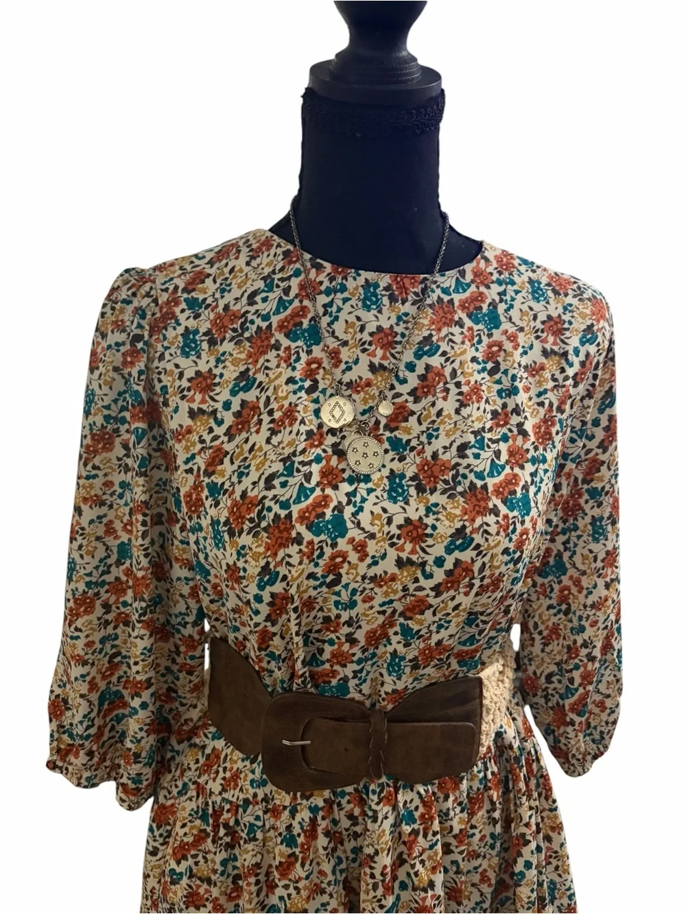 Pink Lily Cream Floral Dress with Rust and Teal Accents - Picture 5 of 7